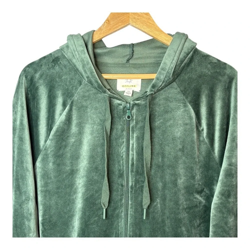 Offline by Aerie Green Velour Zip Up Hoodie Jacket Women Size‎ Medium - Picture 6 of 11